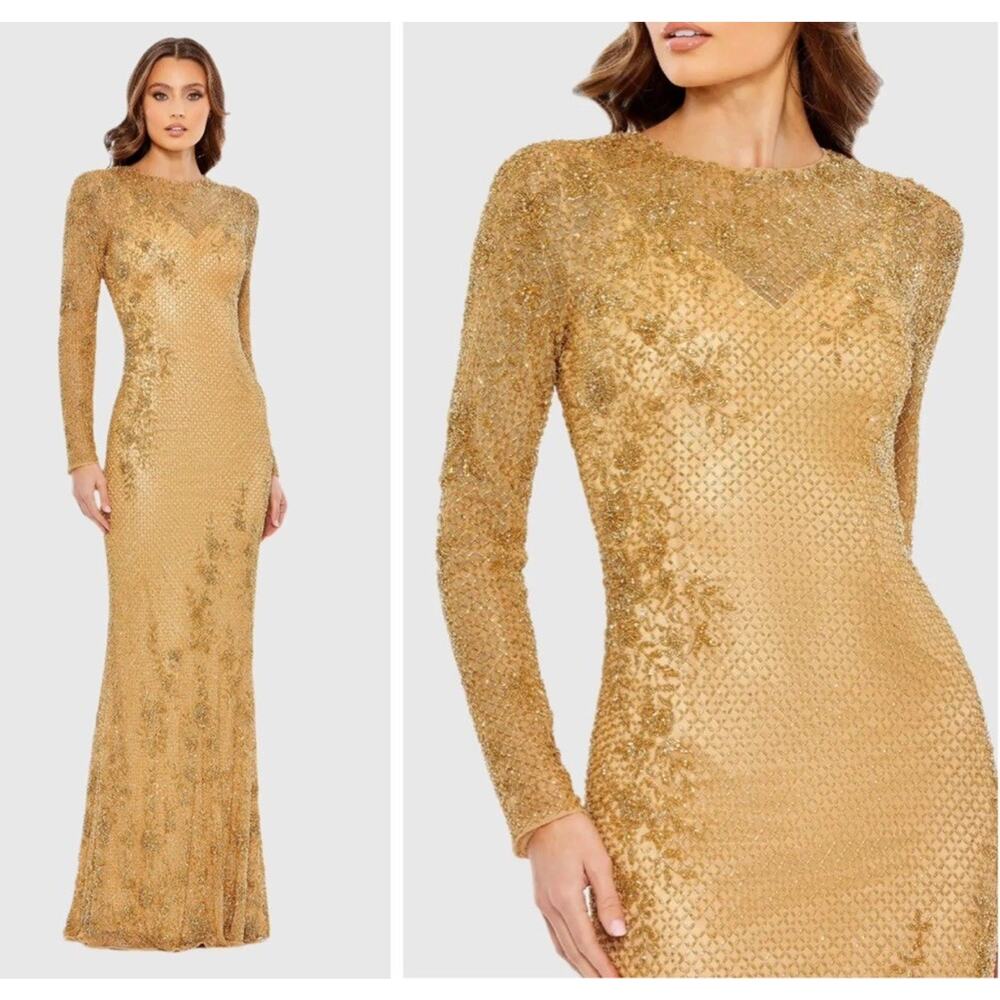 MAC DUGGAL 5504 Gold Floral Size 8 Embellished Holiday Christmas Dress NWT